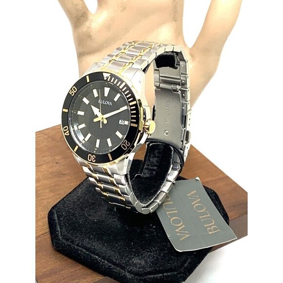 Bulova Men's Watch 98B394 Black Dial Date Quartz Two Tone Stainless Stee… - Picture 2 of 14